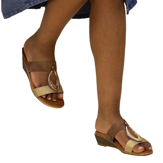 Brown - Front - Lunar Womens-Ladies Porto Wedge Heel Sandals