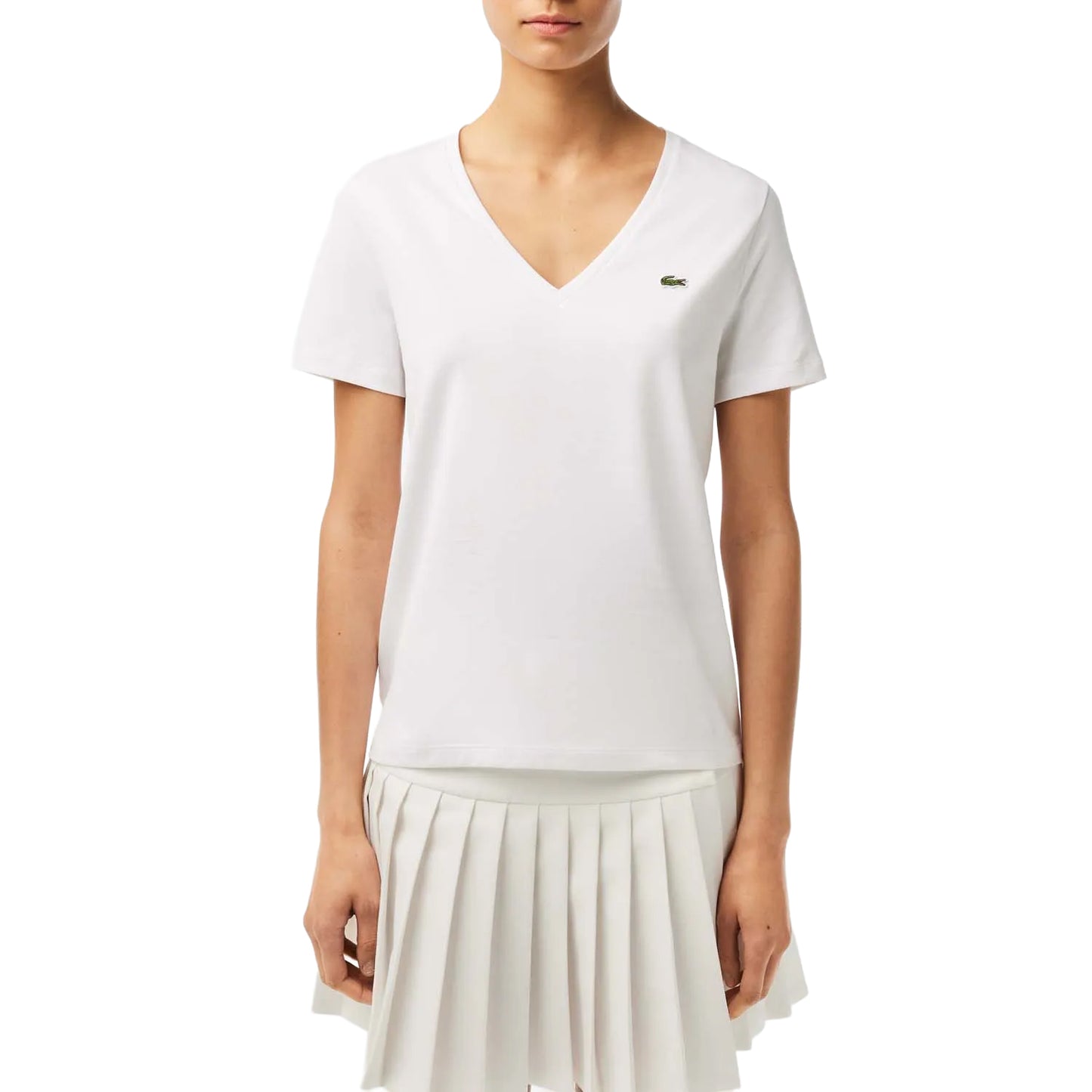 White - Side - Lacoste Womens-Ladies V Neck Loose Fit T-Shirt