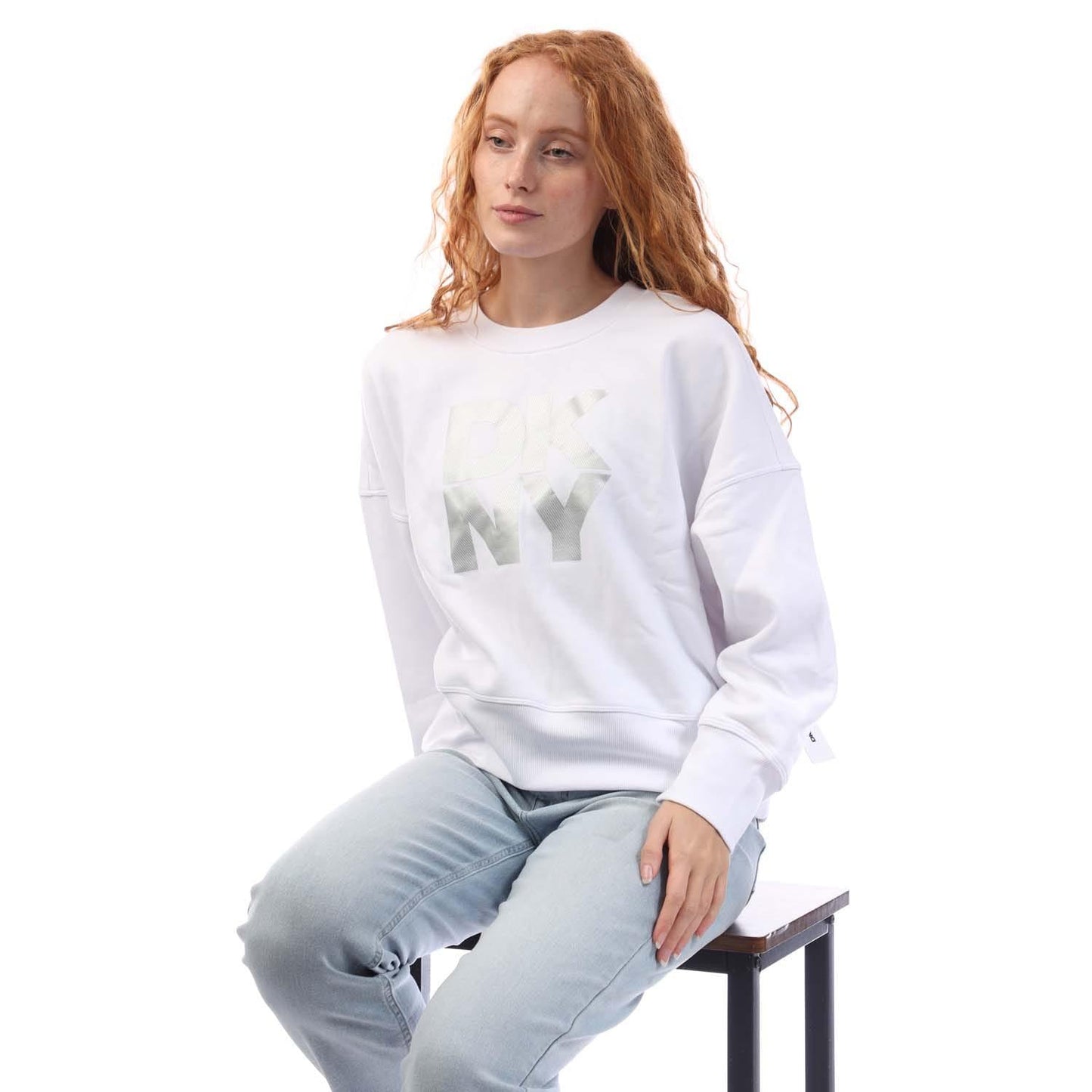 White-Silver - Lifestyle - DKNY Womens-Ladies Foil Logo Sweatshirt