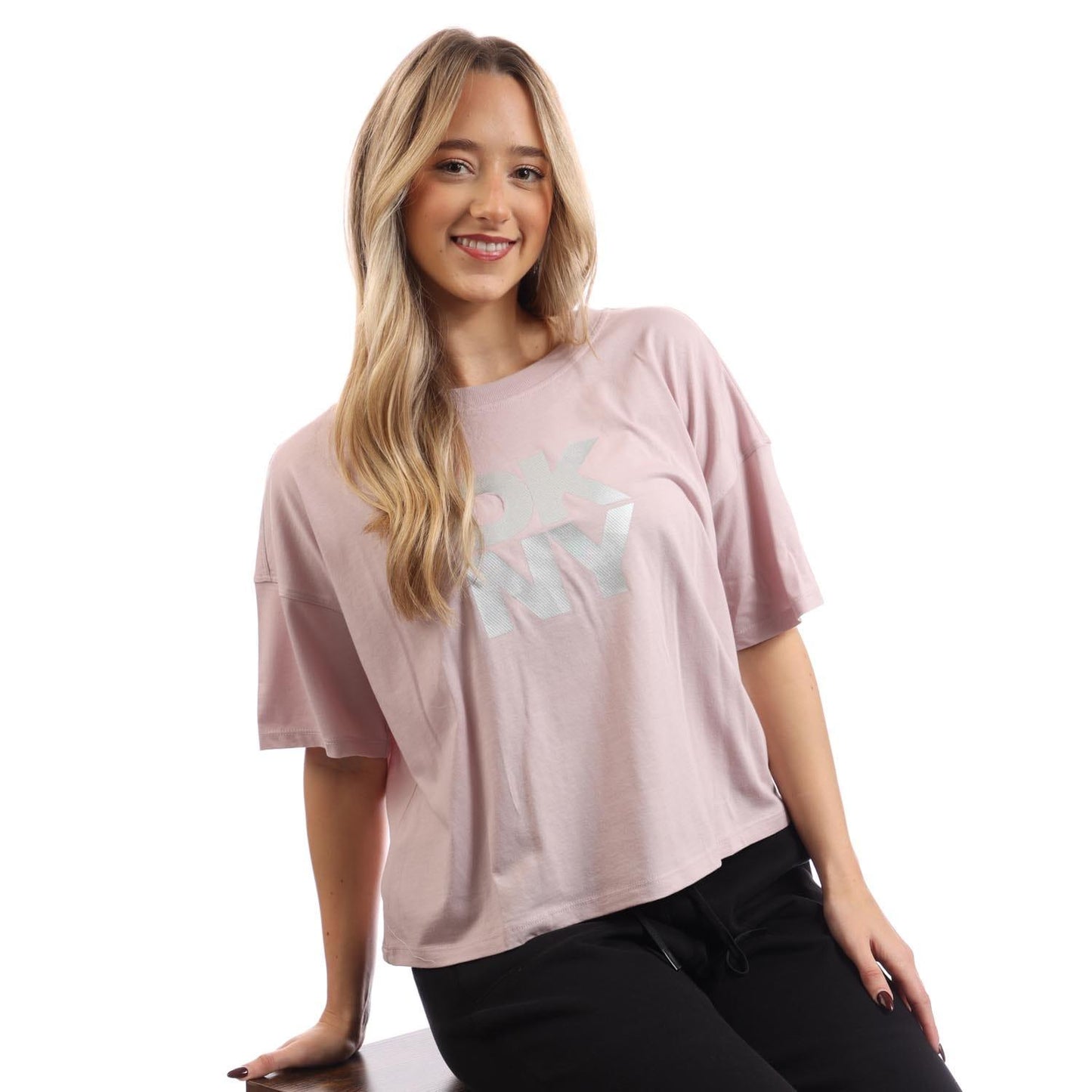 Pink - Lifestyle - DKNY Womens-Ladies Foil Logo Crop T-Shirt