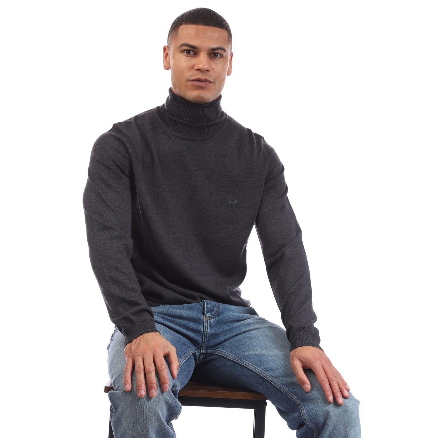 Grey - Lifestyle - Boss Mens Baldebert-E Roll Neck Jumper