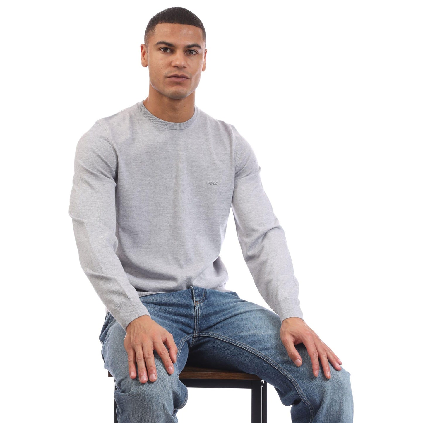Grey - Lifestyle - Boss Mens Botto-L Embroidered Logo Jumper