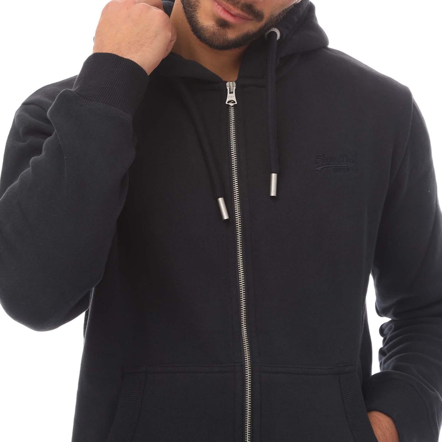 Navy - Side - Superdry Mens Embroidered Logo Vintage Full Zip Hoodie