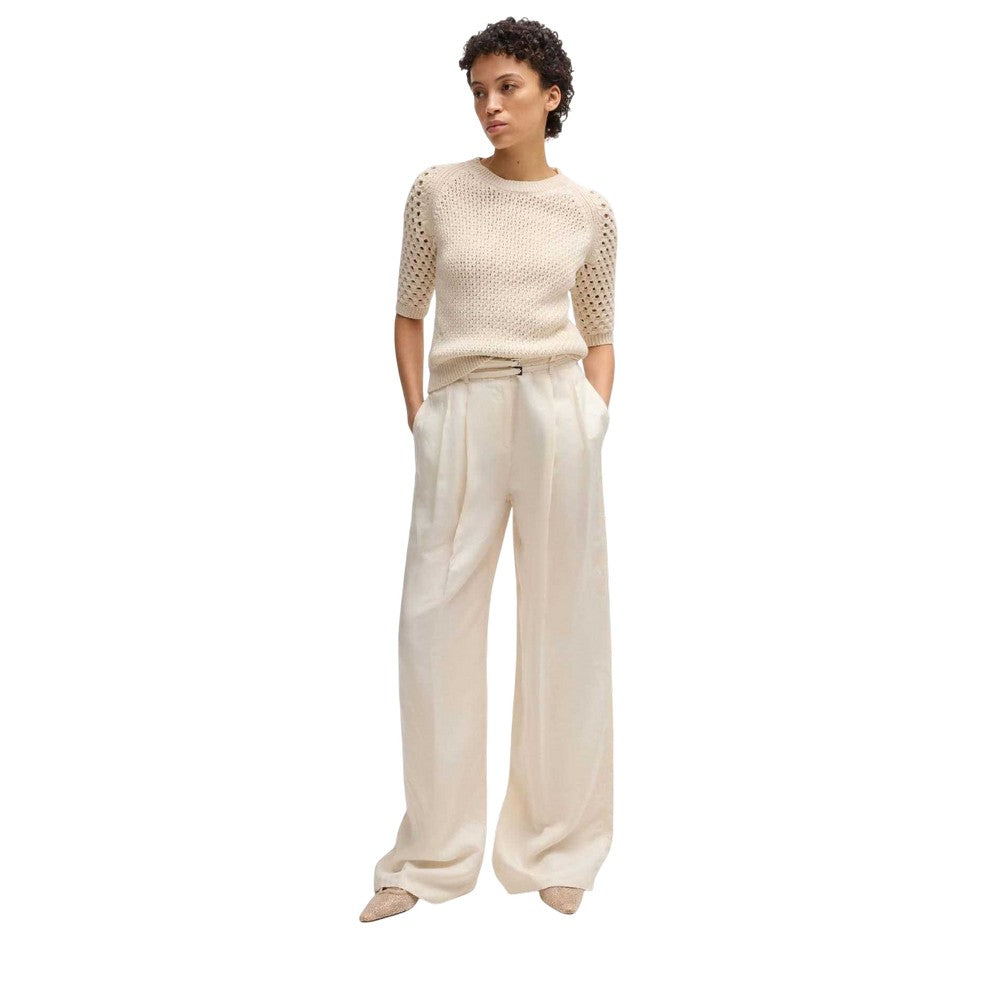 White - Close up - Boss Womens-Ladies Taualy-W Wide Leg Relaxed Fit Trousers