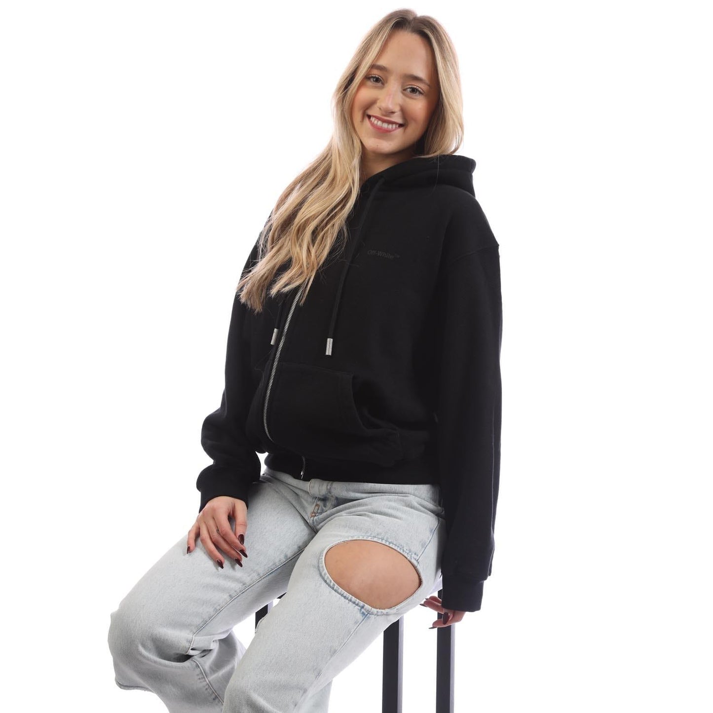 Black - Lifestyle - Off White Womens-Ladies Diagonal Full Zip Hoodie