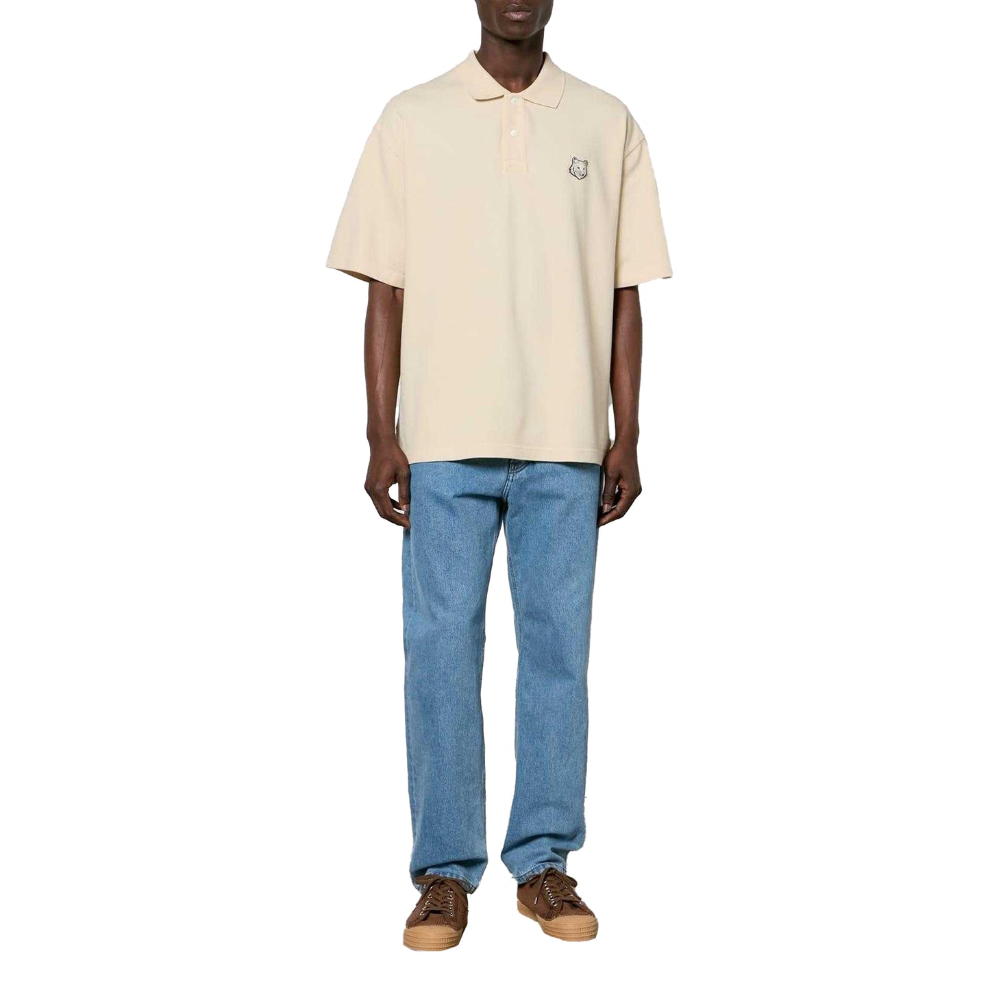 Cream - Side - Maison Mens Embroidered Logo Oversized Polo Shirt