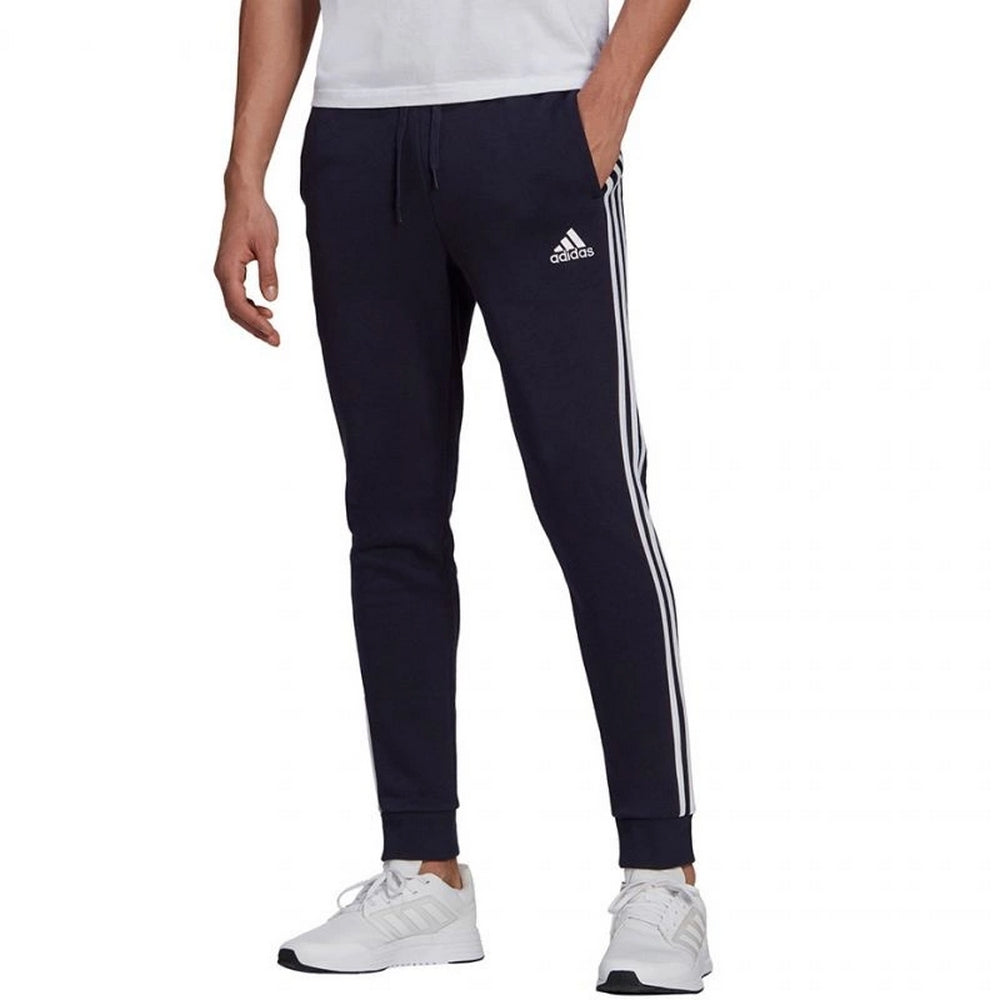 Navy-White - Side - Adidas Mens Essentials Fleece 3 Stripes Tapered Leg Jogging Bottoms