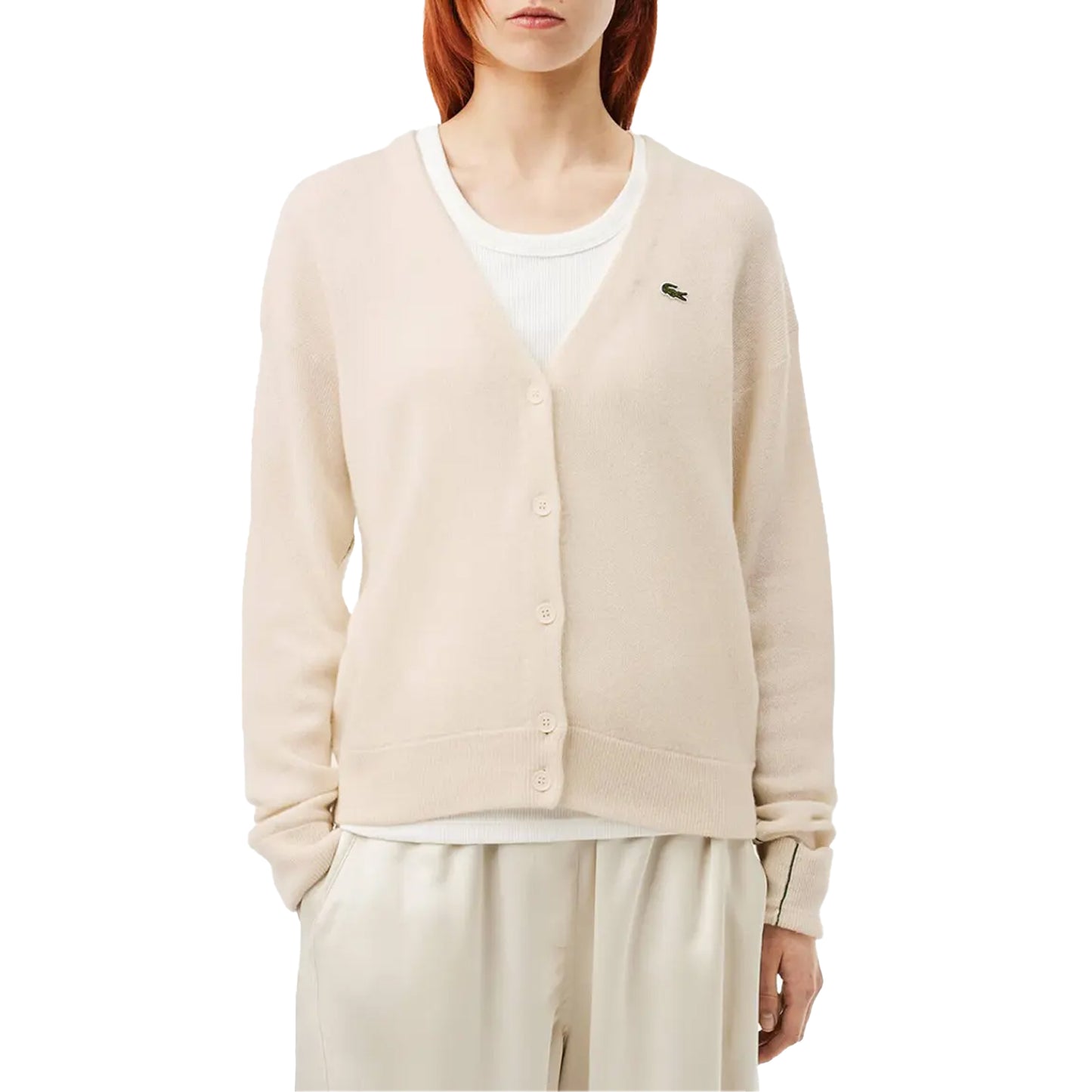 Cream - Side - Lacoste Womens-Ladies Essentials Cotton Cardigan