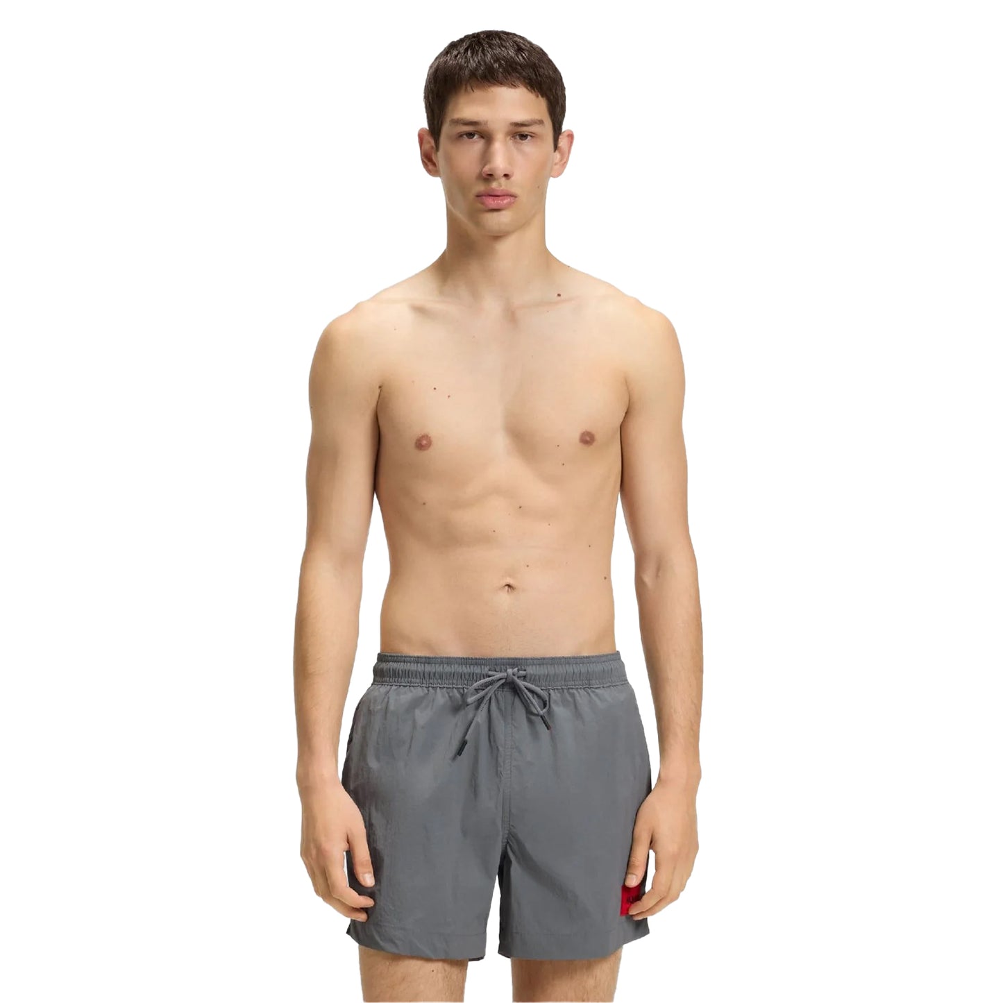 Grey - Side - Hugo Mens Dominica Label Logo Swim Shorts