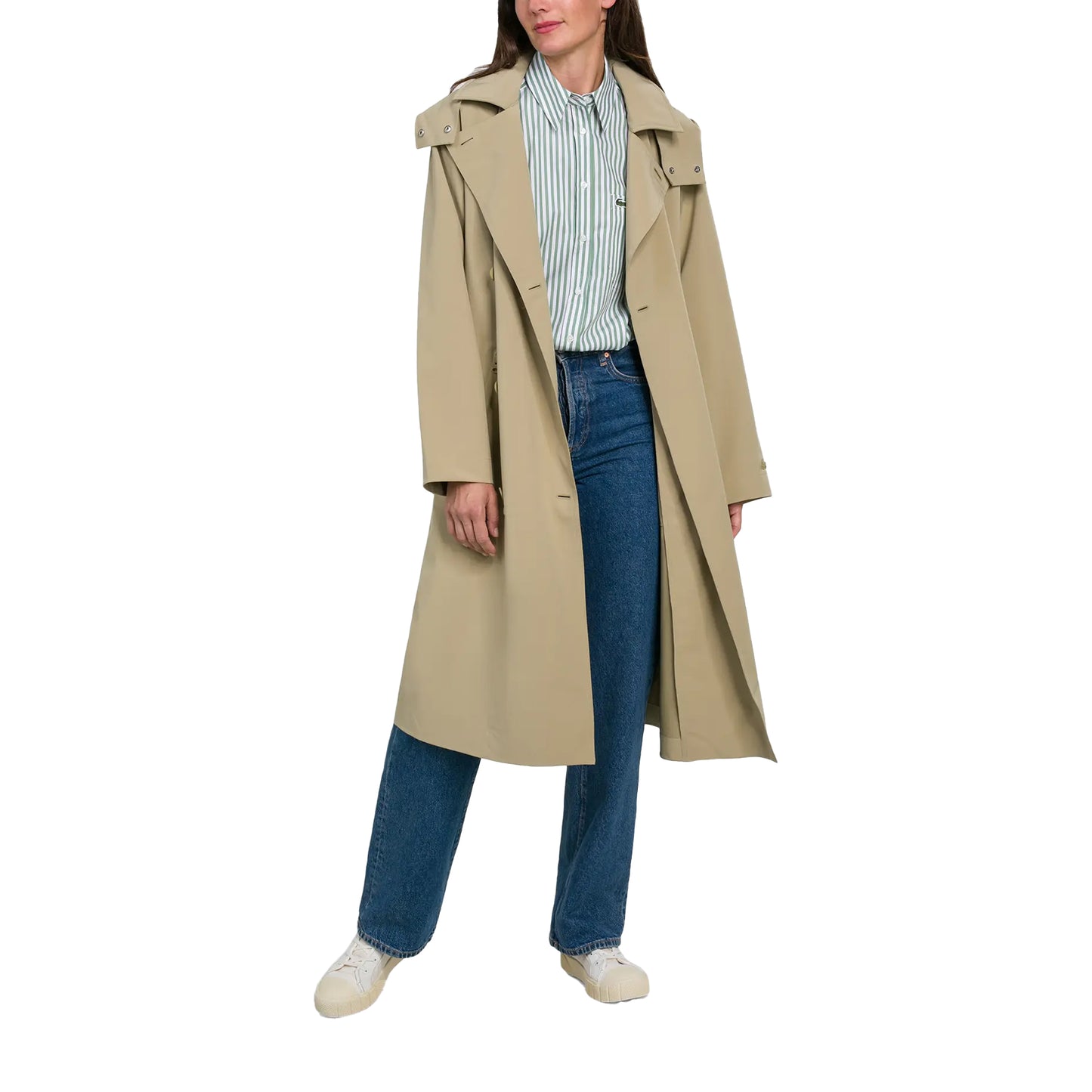 Beige - Side - Lacoste Womens-Ladies Logo Oversized Trench Coat