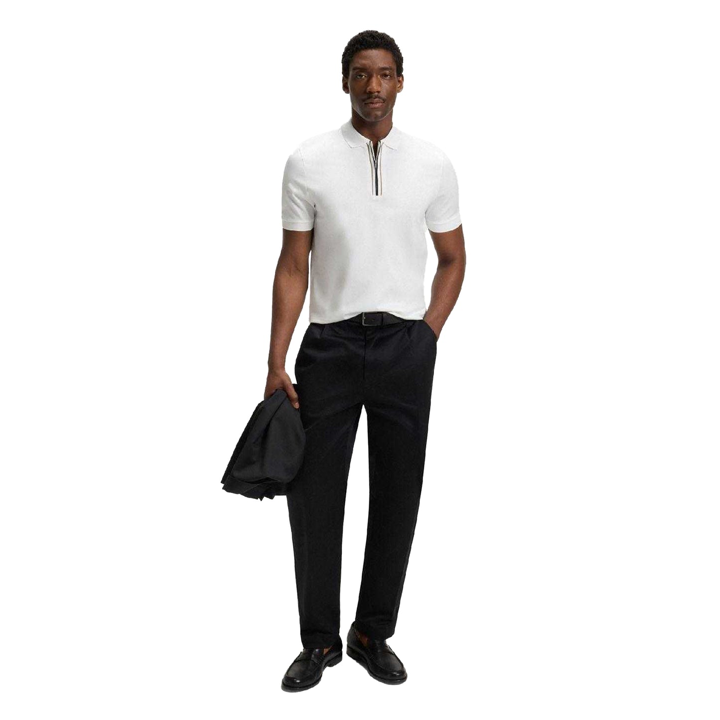 White - Pack Shot - Boss Mens H-Paras 65 Cotton Zipped Polo Shirt