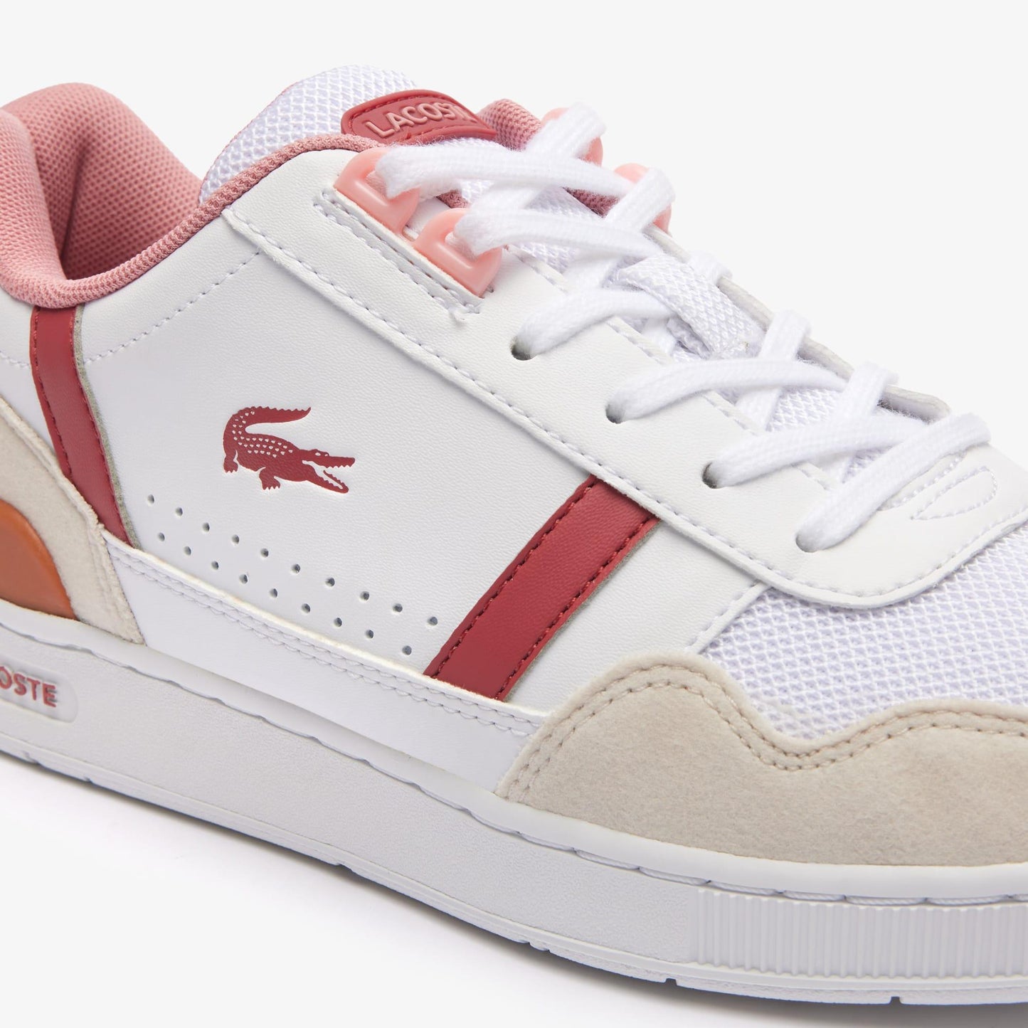 White-Pink - Close up - Lacoste Childrens-Kids T-Clip Lace Up Trainers