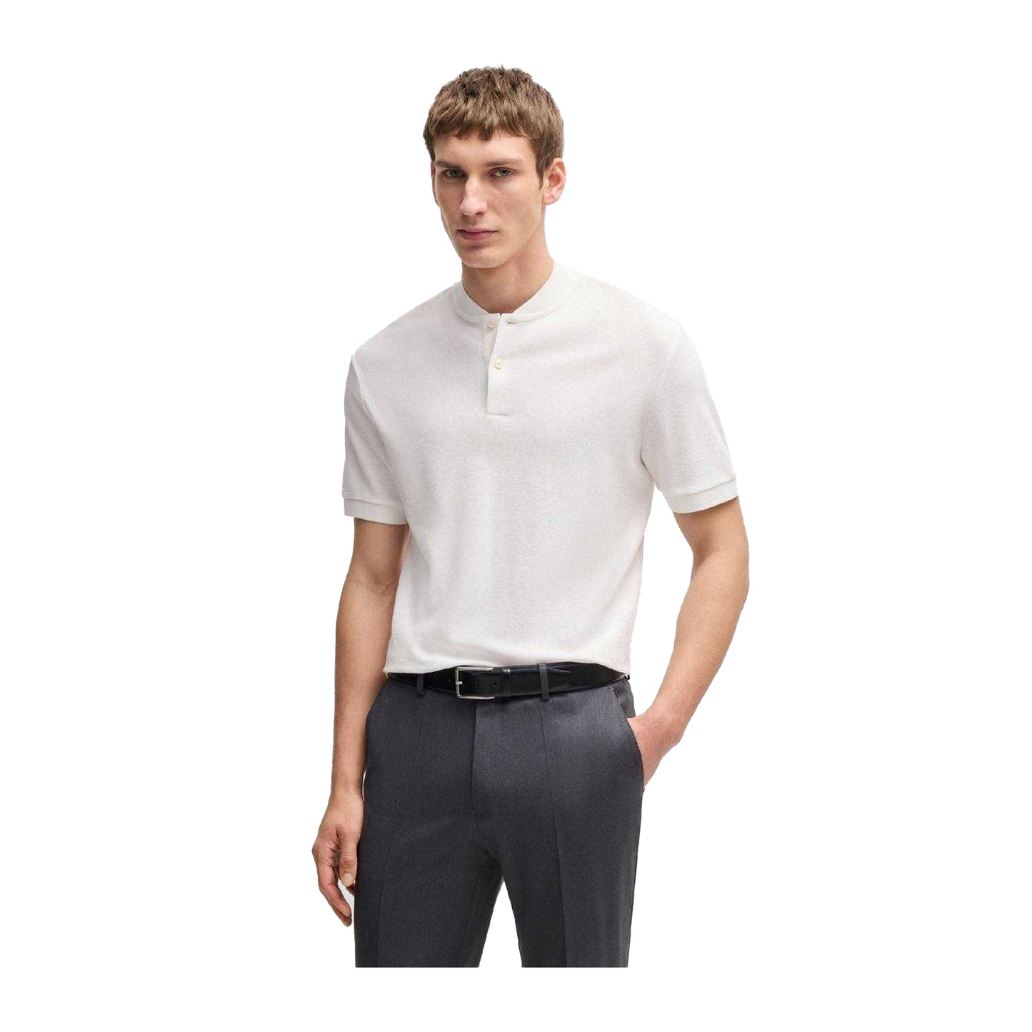 White - Lifestyle - Hugo Mens H-Pratt 120 Collarless Polo Shirt