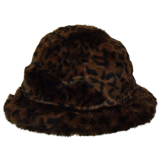 Brown - Front - Kangol Womens-Ladies Leopard Print Faux Fur Casual Bucket Hat