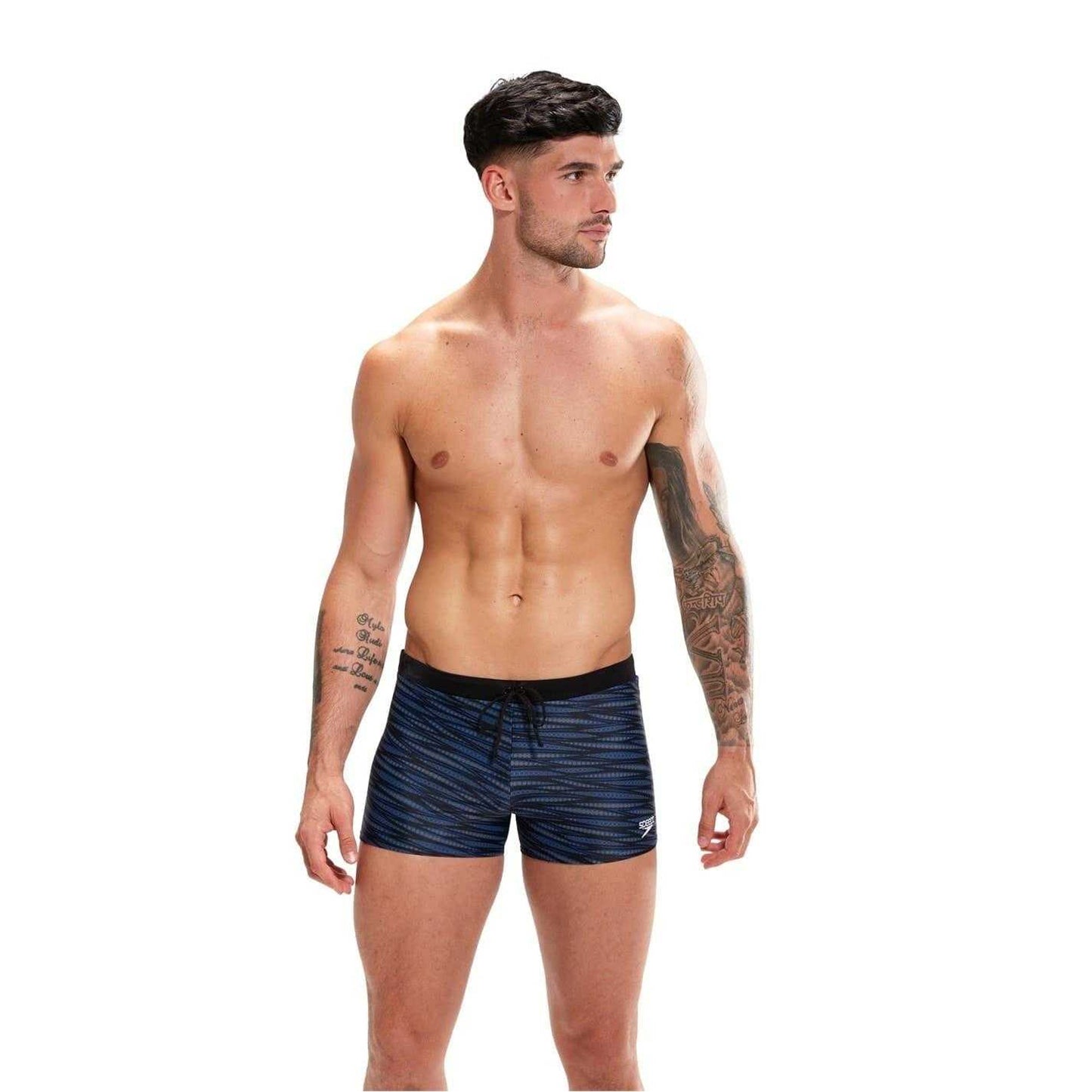 Black-Blue - Side - Speedo Mens Valmilton Wavy Pattern Slim Swimming Trunks