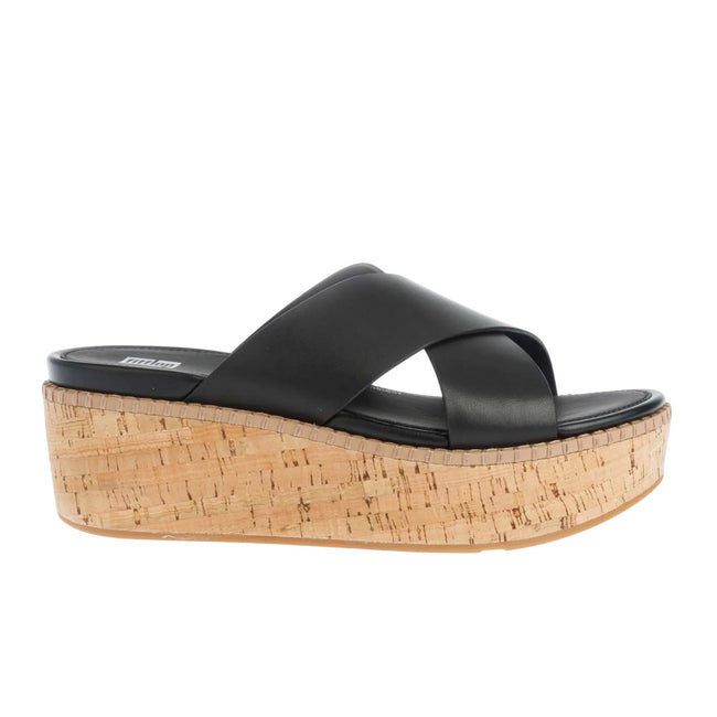 Black - Lifestyle - FitFlop Womens-Ladies Eloise Leather Cross Strap Wedge Sliders