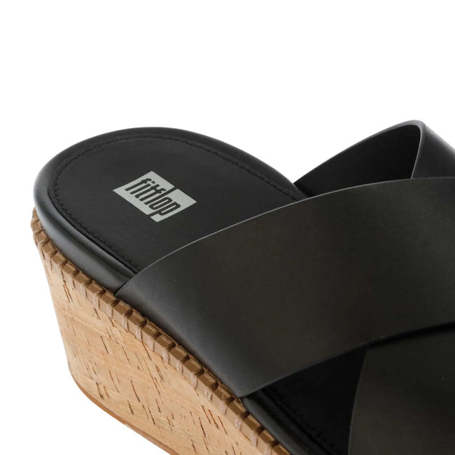 Black - Pack Shot - FitFlop Womens-Ladies Eloise Leather Cross Strap Wedge Sliders