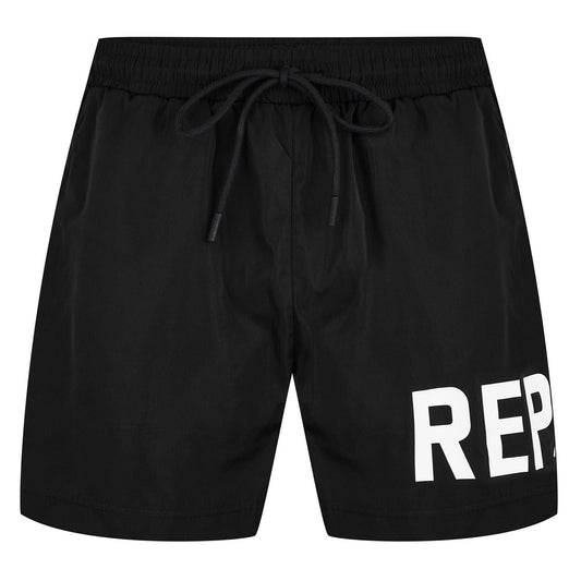 Black - Front - Replay Mens Text Logo Polyester Swim Shorts