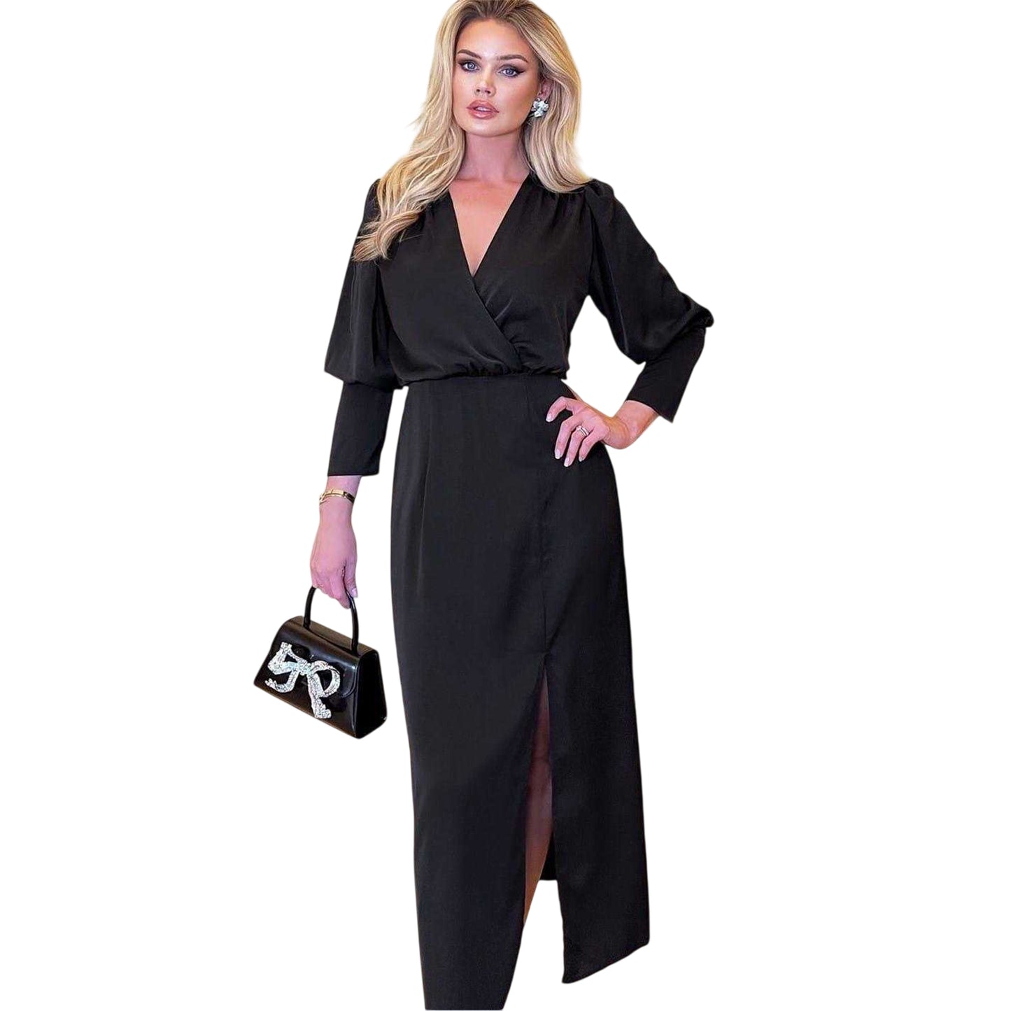Black - Side - Ax Womens-Ladies Long-Sleeved Formal Wrap Dress