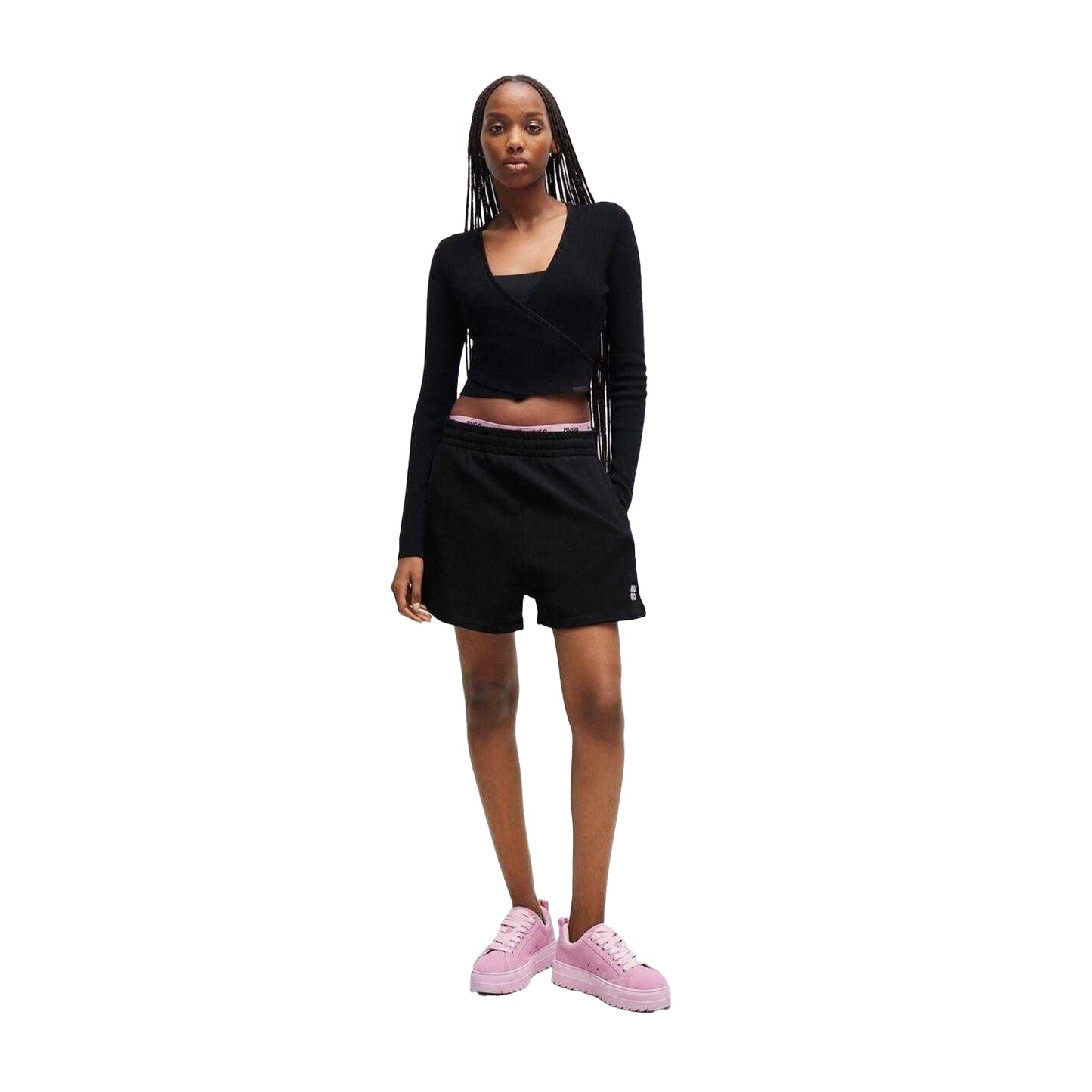 Black - Pack Shot - Hugo Womens-Ladies Cotton Elasticated Waist Sweat Shorts