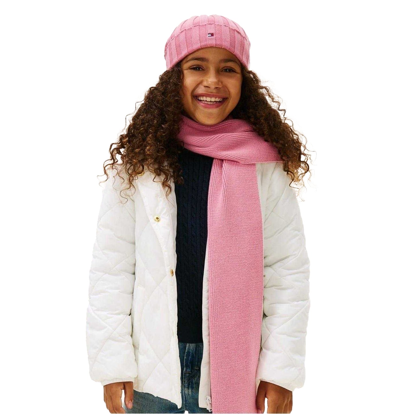 Pink - Side - Tommy Hilfiger Childrens-Kids Logo Rib Knit Turn Up Beanie