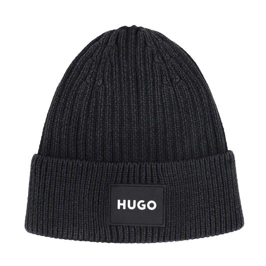Black - Front - Hugo Childrens-Kids Ribbed Beanie