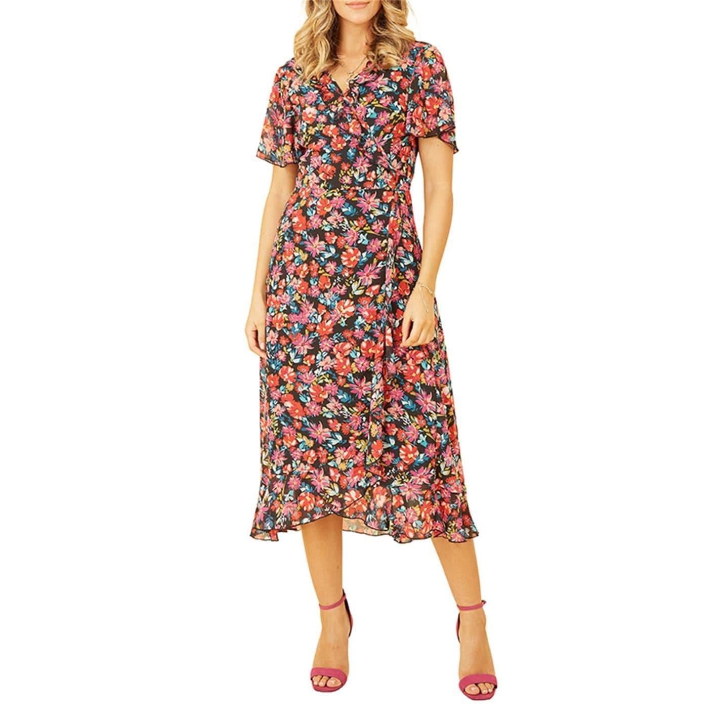Black - Lifestyle - Yumi Womens-Ladies Floral V Neck Wrap Dress