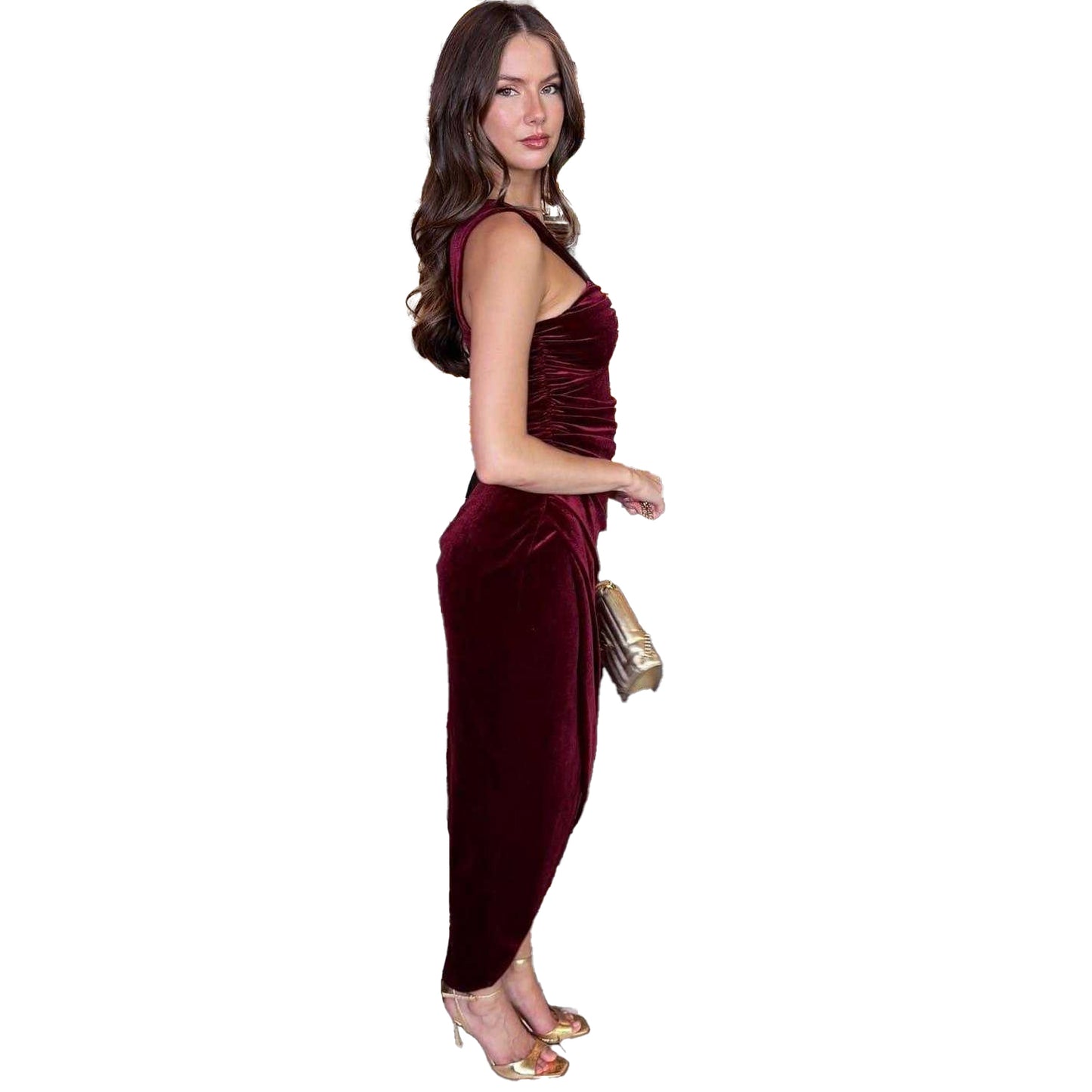 Wine - Side - Ax Womens-Ladies Velvet Knotted Midi Dress