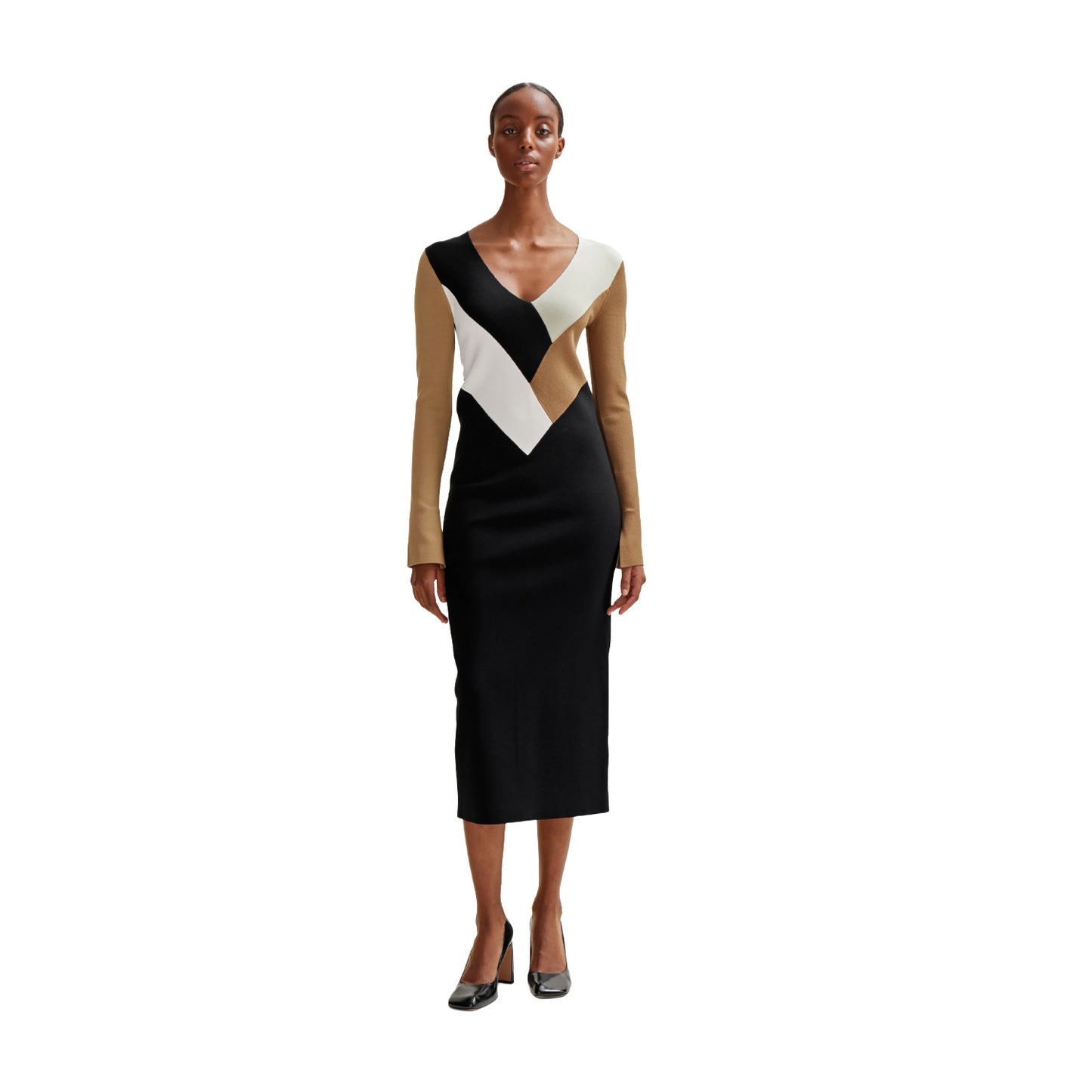 Black-White-Beige - Lifestyle - Boss Womens-Ladies Florency Ribbed Long-Sleeved Midi Dress