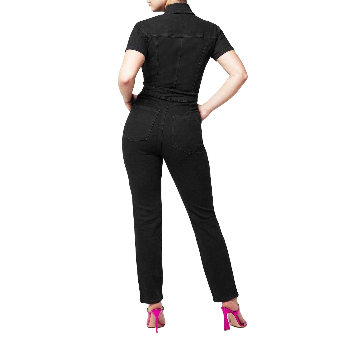 Black - Lifestyle - Good American Womens-Ladies Denim Adjustable Waist Short-Sleeved Jumpsuit