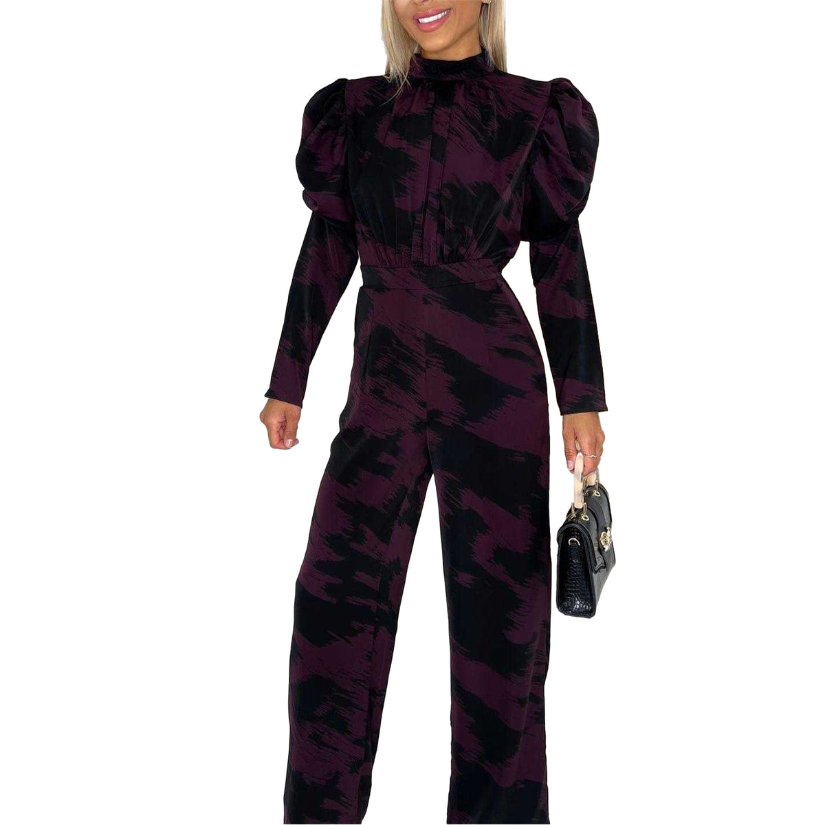 Wine - Side - AX Paris Womens-Ladies Abstract Polyester Wide Leg Puff Sleeve Jumpsuit