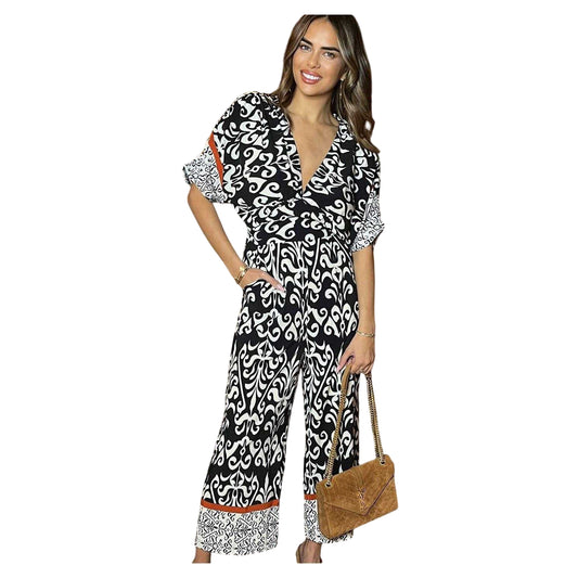 Black-Cream - Front - AX Paris Womens-Ladies Polyester Jumpsuit
