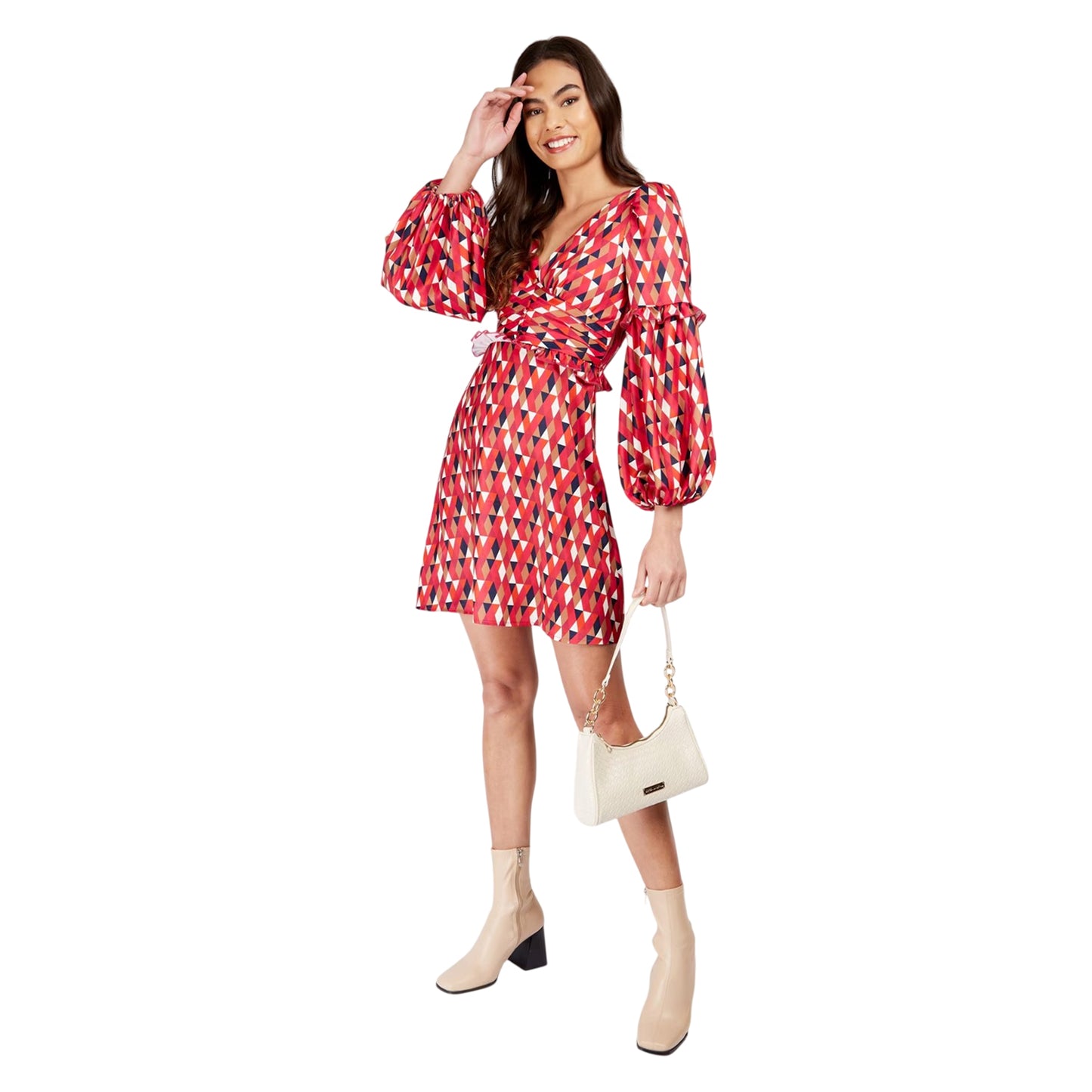Multicoloured Print - Lifestyle - Little Mistress Womens-Ladies Geometric Pattern Balloon Sleeve Wrap Dress