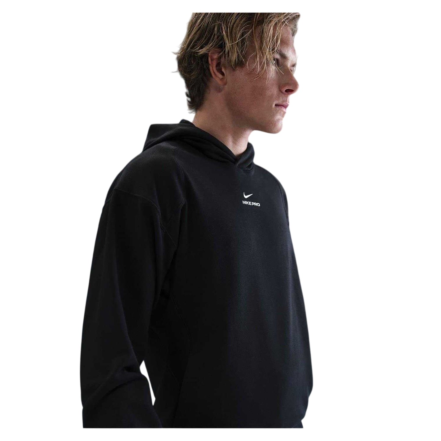 Black-White - Side - Nike Mens Pro Regular Training Pullover Hoodie