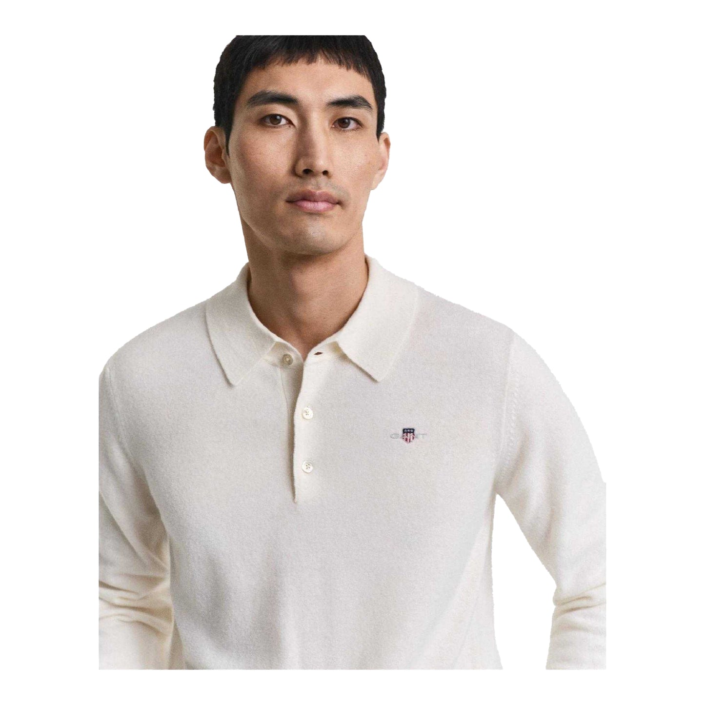 Cream - Side - Gant Mens Lambswool Long-Sleeved Polo Shirt