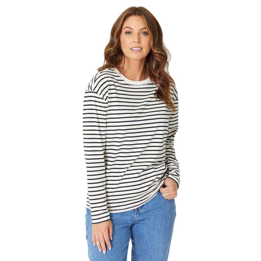 Cream-Black - Front - Be You Womens-Ladies Stripe Long-Sleeved T-Shirt