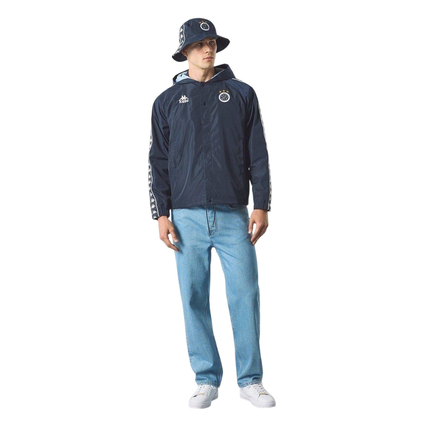 Blue-White - Pack Shot - Kappa Mens Water Resistant Long-Sleeved Hooded Jacket