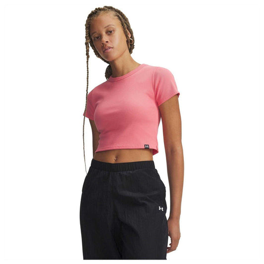 Pink-White - Front - Under Armour Womens-Ladies Ribbed Crop Top