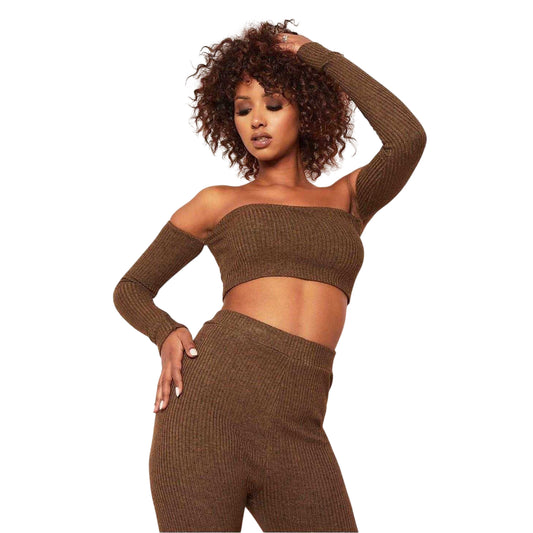Chocolate - Front - Missy Empire Womens-Ladies Ribbed Bardot Crop Top