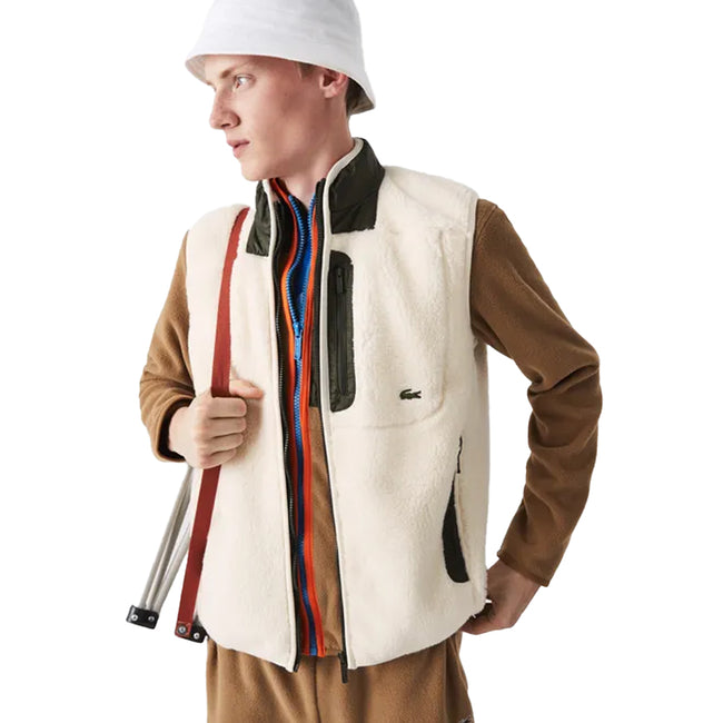 Cream - Side - Lacoste Mens Sherpa Fleece Gilet