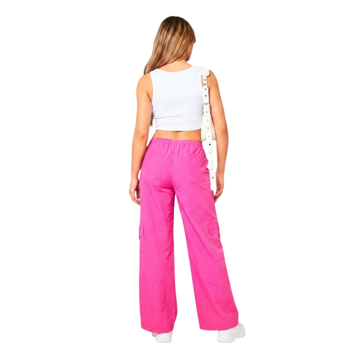 Pink - Back - Missy Empire Womens-Ladies Wide Leg Cargo Trousers