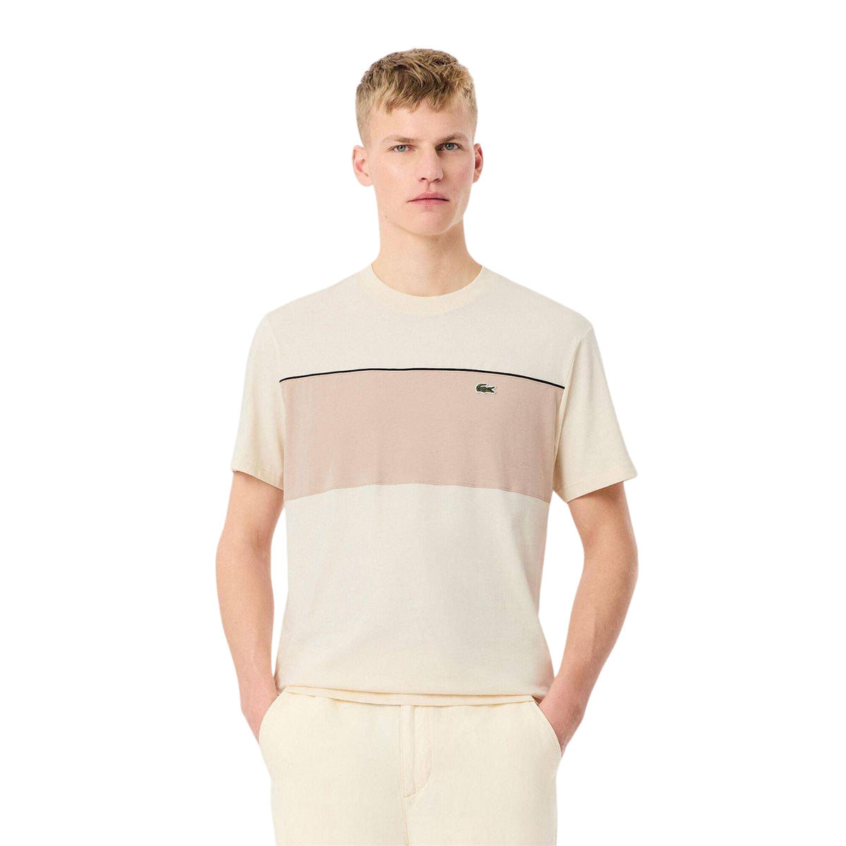Beige - Side - Lacoste Mens Colour Block Cotton Regular T-Shirt