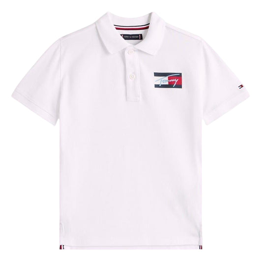 White - Front - Tommy Hilfiger Childrens-Kids Script Flag Regular Polo Shirt