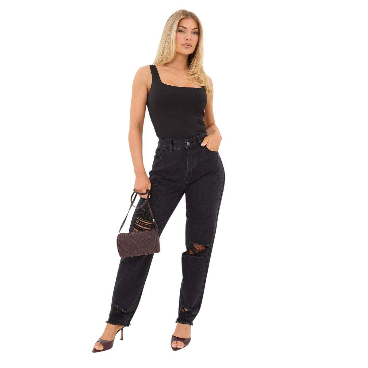 Black - Lifestyle - I Saw It First Womens-Ladies Cotton Denim Mom Jeans