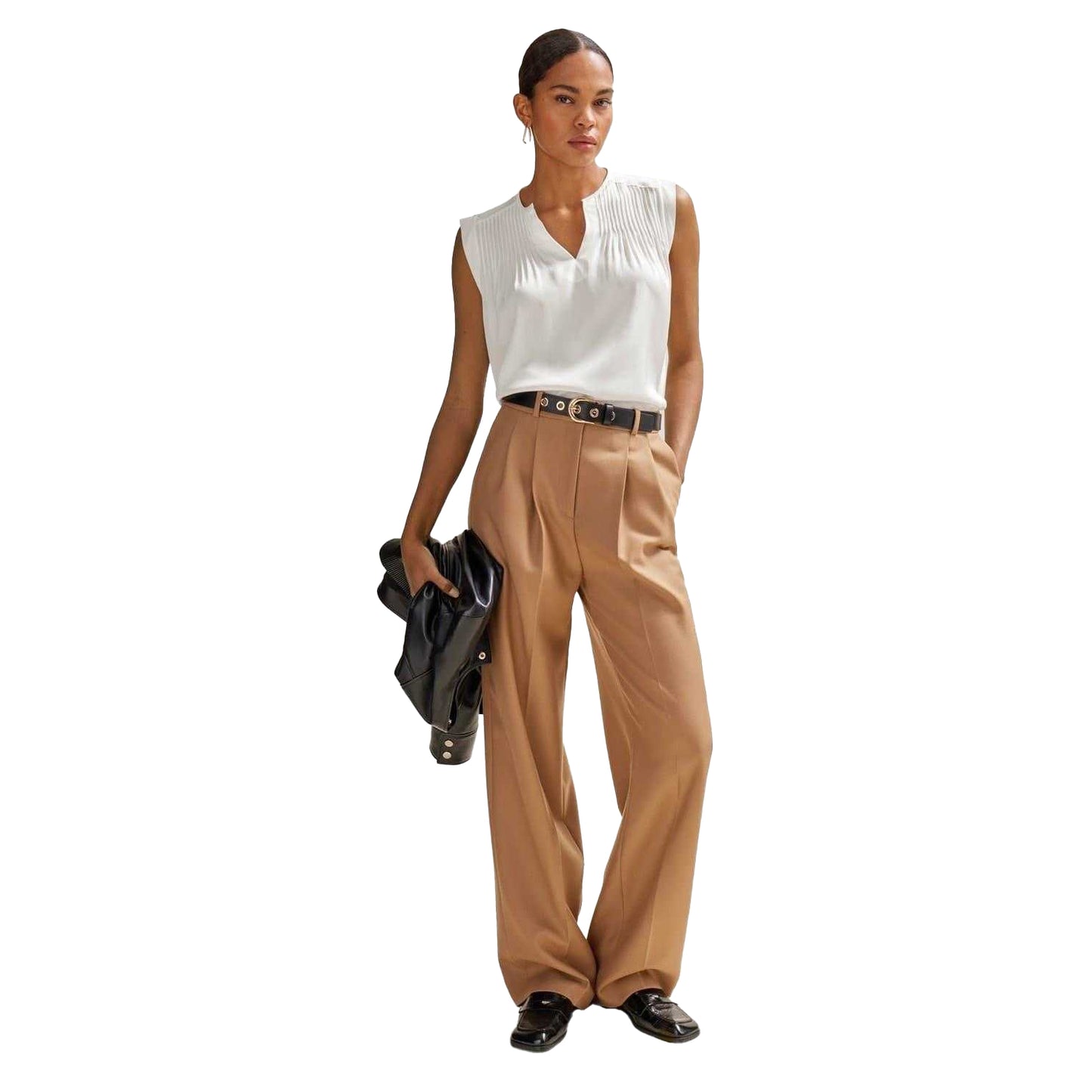 White - Pack Shot - Boss Womens-Ladies Pintuck Notch Neck Regular Blouse
