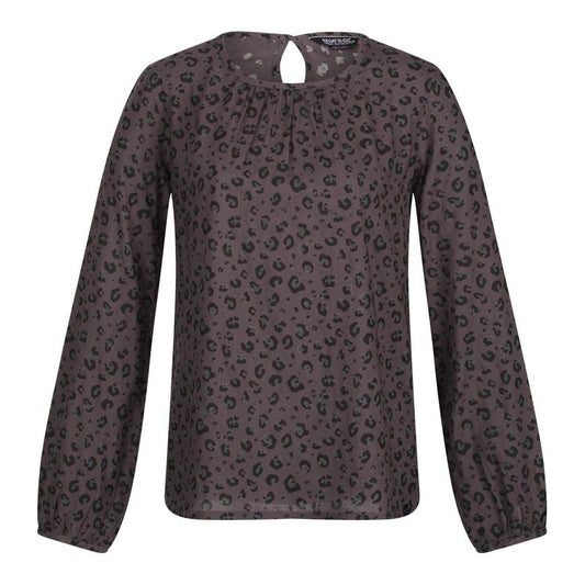 Black - Front - Regatta Womens-Ladies Hadria Leopard Print Keyhole Long-Sleeved Blouse