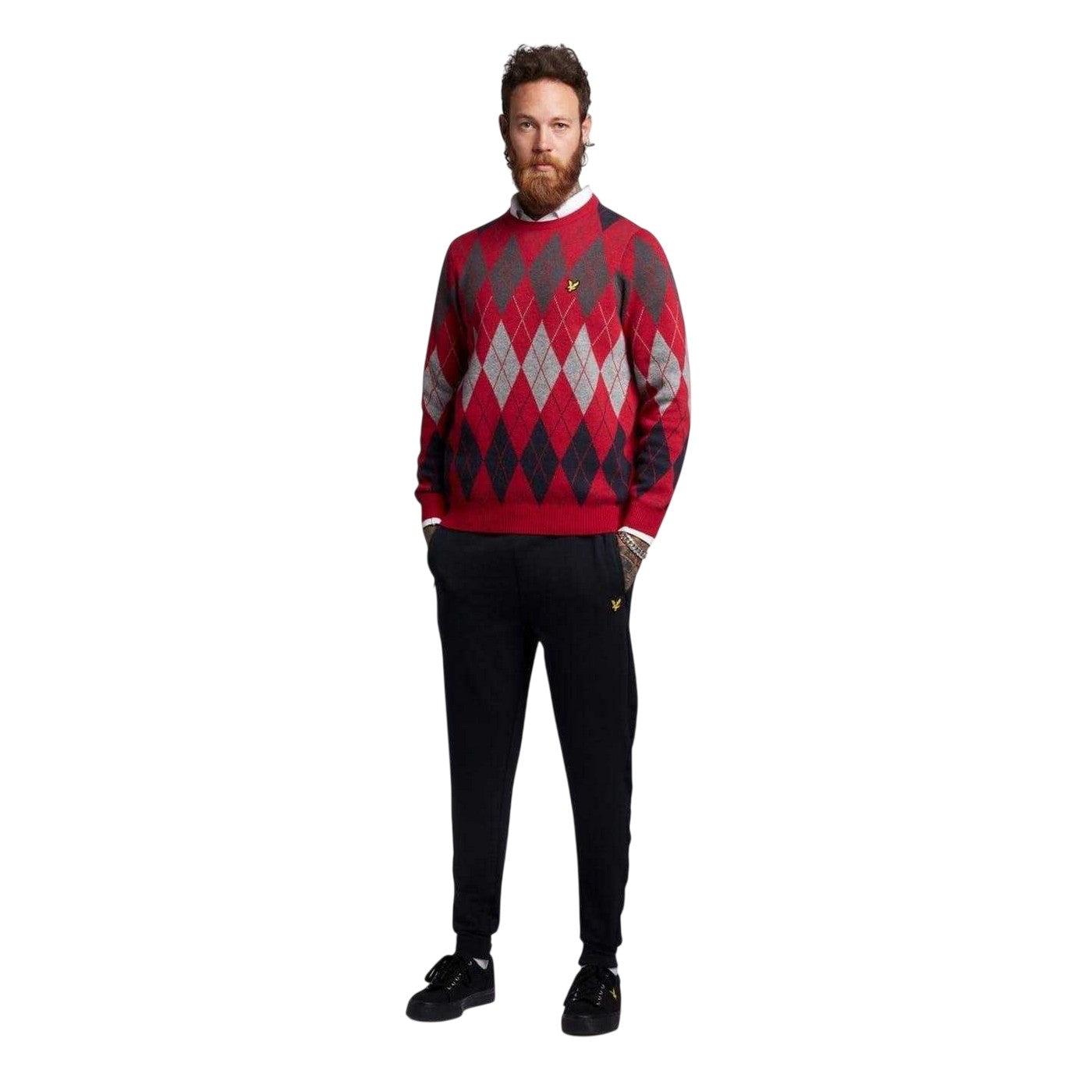 Red - Pack Shot - Lyle & Scott Mens Argyle Knitted Crew Neck Jumper