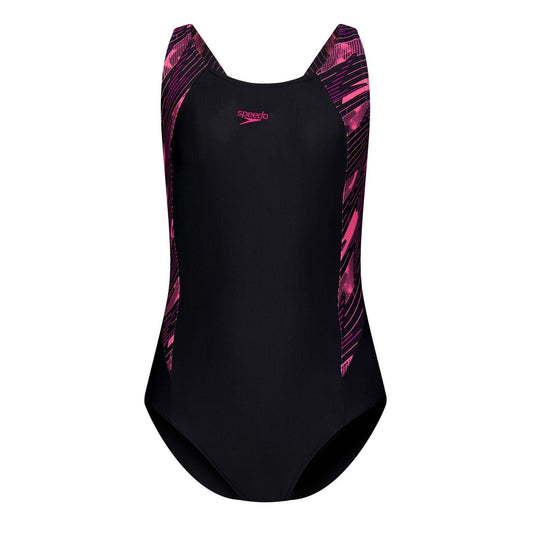 Black-Pink - Front - Speedo Girls Hyperboom Splice Shattered One Piece Swimsuit