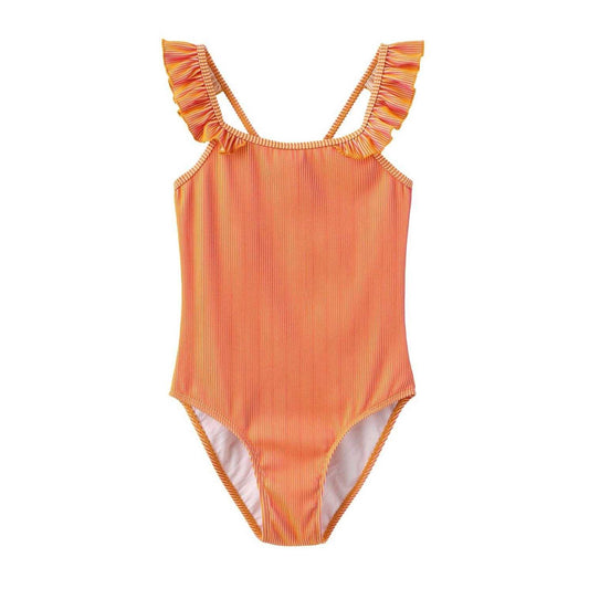 Pink-Orange - Front - Star Girls Contrast Striped Ruffles One Piece Swimsuit