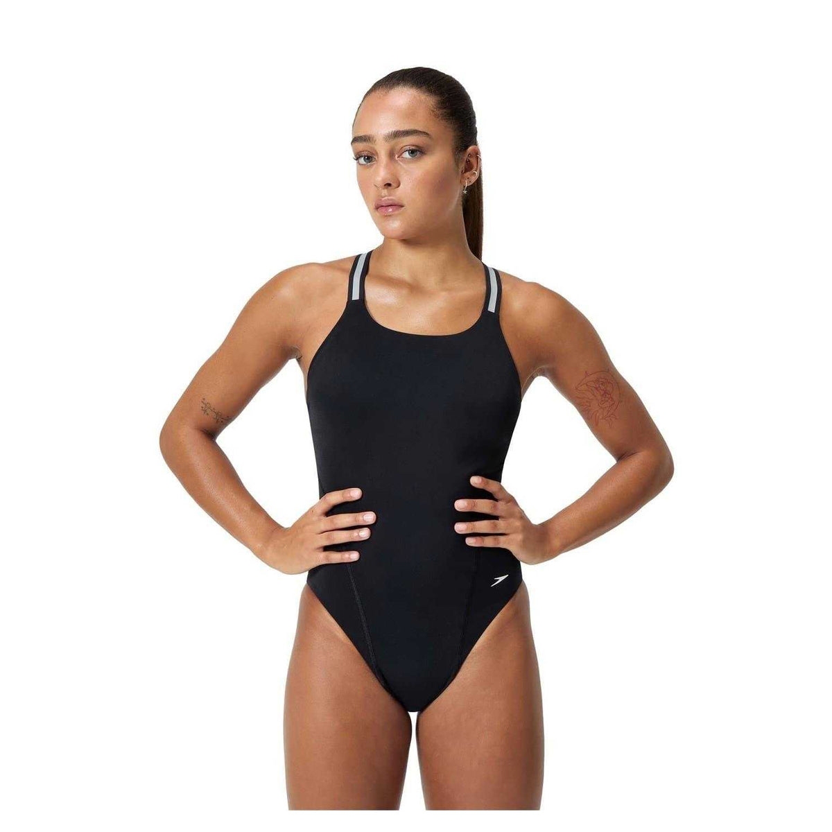 Black-Silver - Side - Speedo Womens-Ladies Logo Performance One Piece Swimsuit